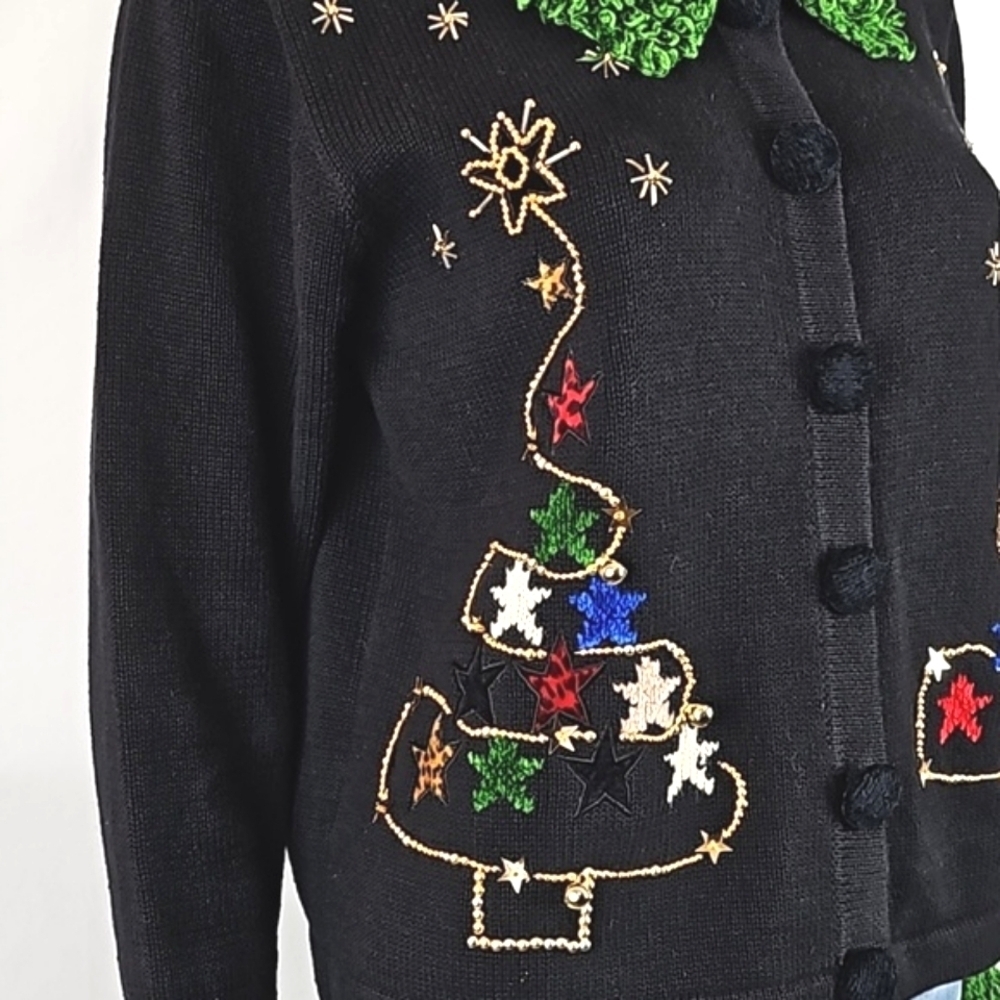 Vintage Berek Black Button Front Beaded Christmas Tree Cardigan Sweater - Picture 5 of 16